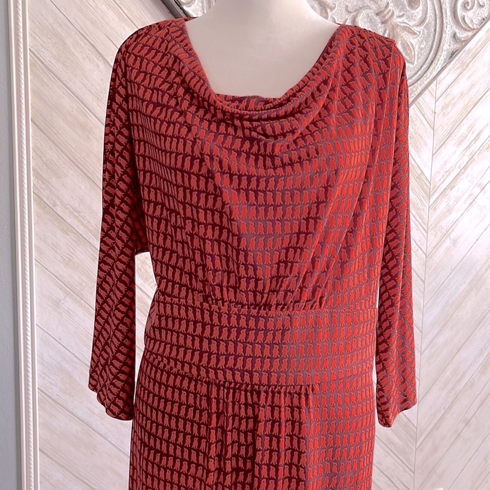 Coldwater Creek Rust Red Geometric Cowl-Neck Long Sleeve Dress